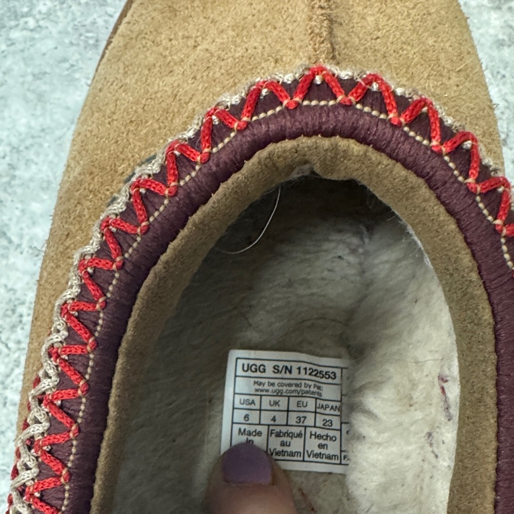 UGG Brown Suede Slip-Ons with Red Accents - Picture 7 of 8